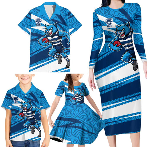 Geelong Cats Australian Football Family Matching Long Sleeve Bodycon Dress and Hawaiian Shirt Fierce Cat Mascot With Indigenous Pattern Art
