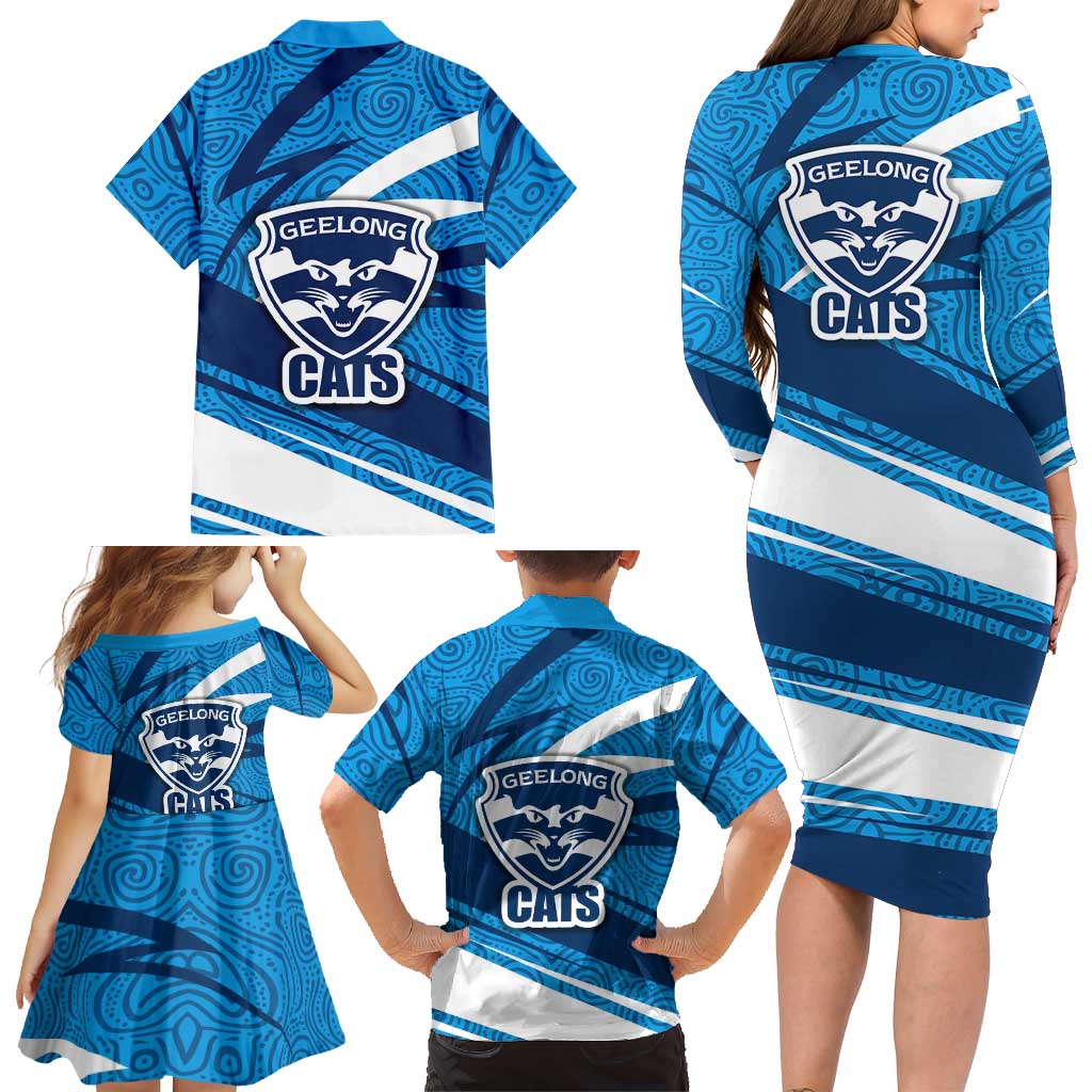 Geelong Cats Australian Football Family Matching Long Sleeve Bodycon Dress and Hawaiian Shirt Fierce Cat Mascot With Indigenous Pattern Art