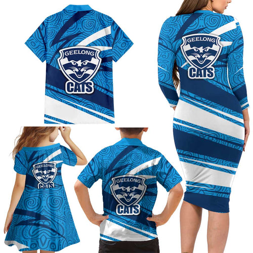 Geelong Cats Australian Football Family Matching Long Sleeve Bodycon Dress and Hawaiian Shirt Fierce Cat Mascot With Indigenous Pattern Art