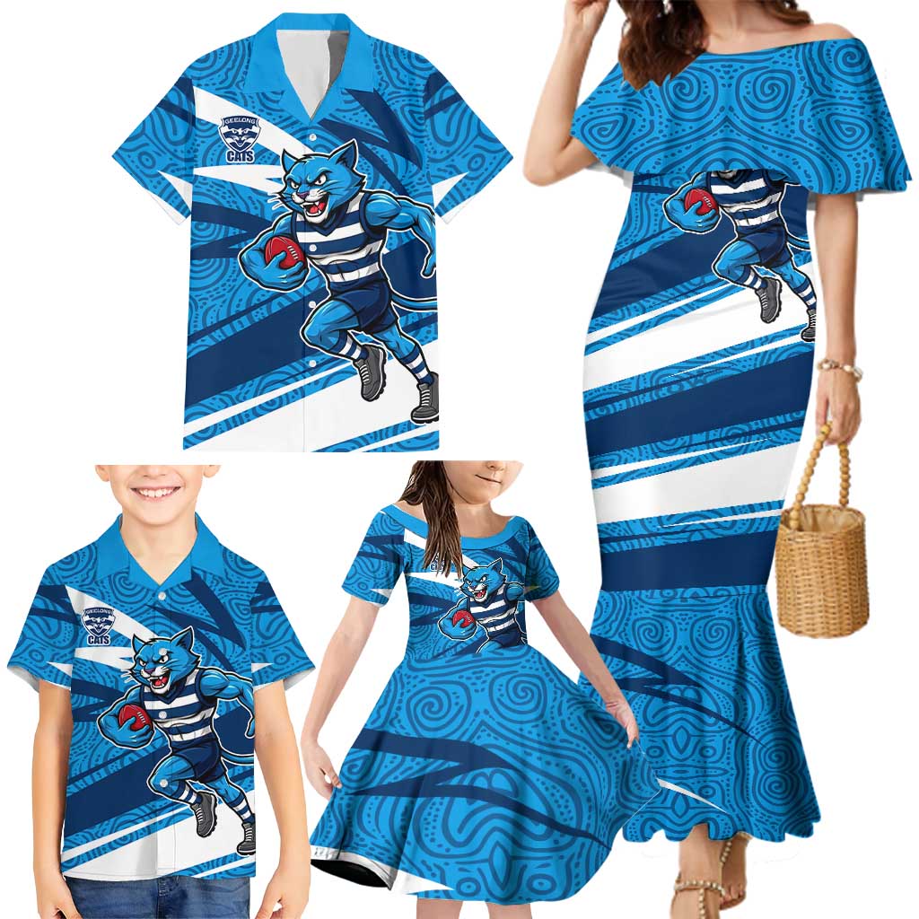 Geelong Cats Australian Football Family Matching Mermaid Dress and Hawaiian Shirt Fierce Cat Mascot With Indigenous Pattern Art