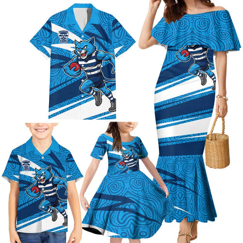 Geelong Cats Australian Football Family Matching Mermaid Dress and Hawaiian Shirt Fierce Cat Mascot With Indigenous Pattern Art