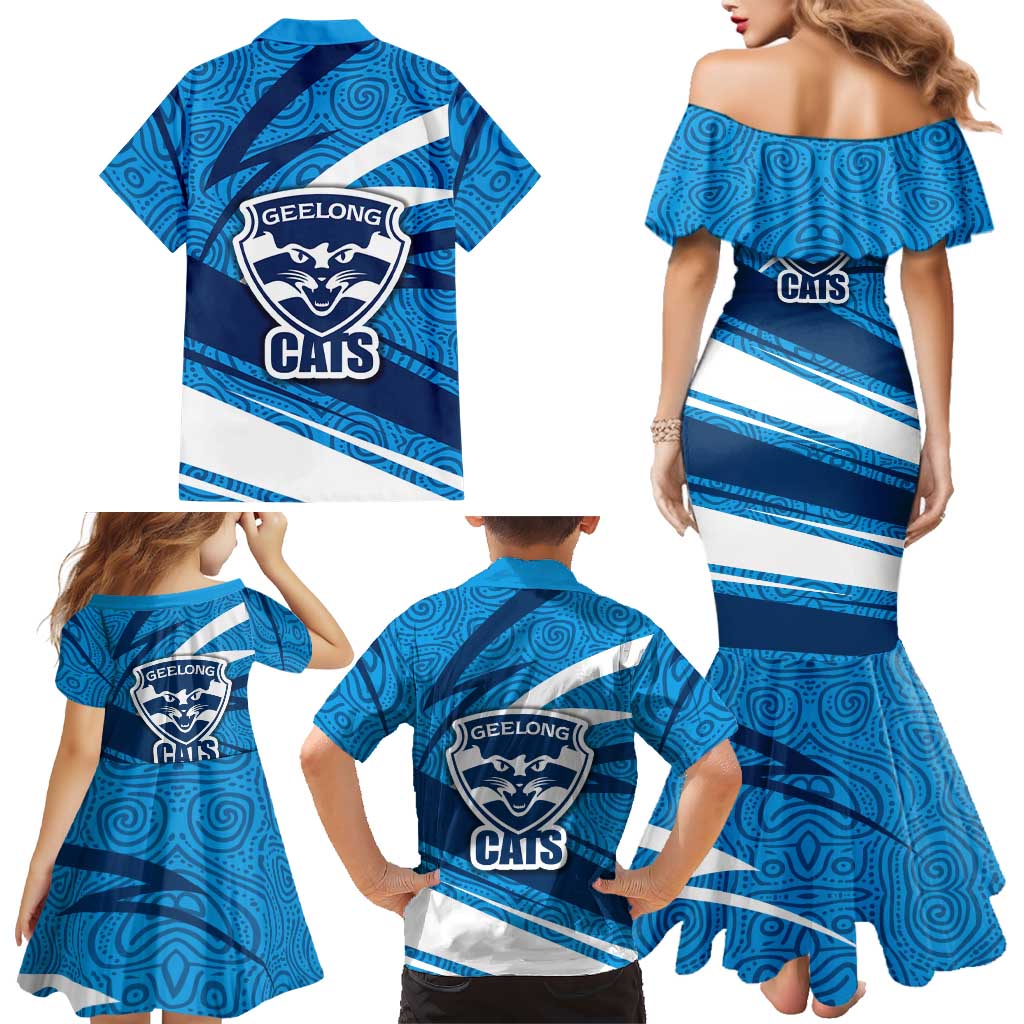 Geelong Cats Australian Football Family Matching Mermaid Dress and Hawaiian Shirt Fierce Cat Mascot With Indigenous Pattern Art