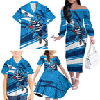 Geelong Cats Australian Football Family Matching Off The Shoulder Long Sleeve Dress and Hawaiian Shirt Fierce Cat Mascot With Indigenous Pattern Art