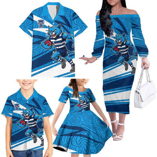 Geelong Cats Australian Football Family Matching Off The Shoulder Long Sleeve Dress and Hawaiian Shirt Fierce Cat Mascot With Indigenous Pattern Art