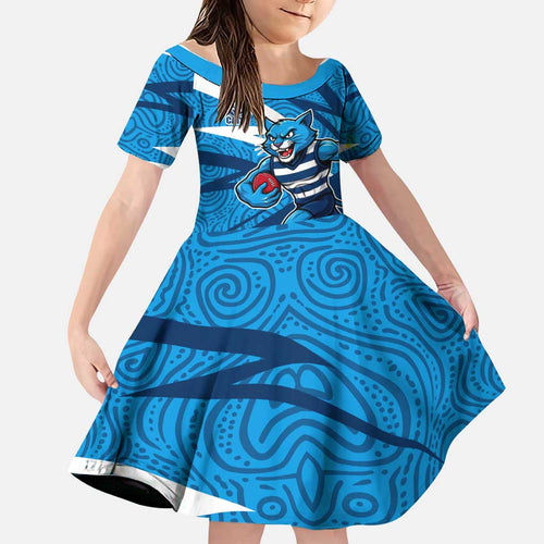 Geelong Cats Australian Football Family Matching Off The Shoulder Long Sleeve Dress and Hawaiian Shirt Fierce Cat Mascot With Indigenous Pattern Art