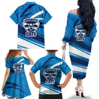 Geelong Cats Australian Football Family Matching Off The Shoulder Long Sleeve Dress and Hawaiian Shirt Fierce Cat Mascot With Indigenous Pattern Art