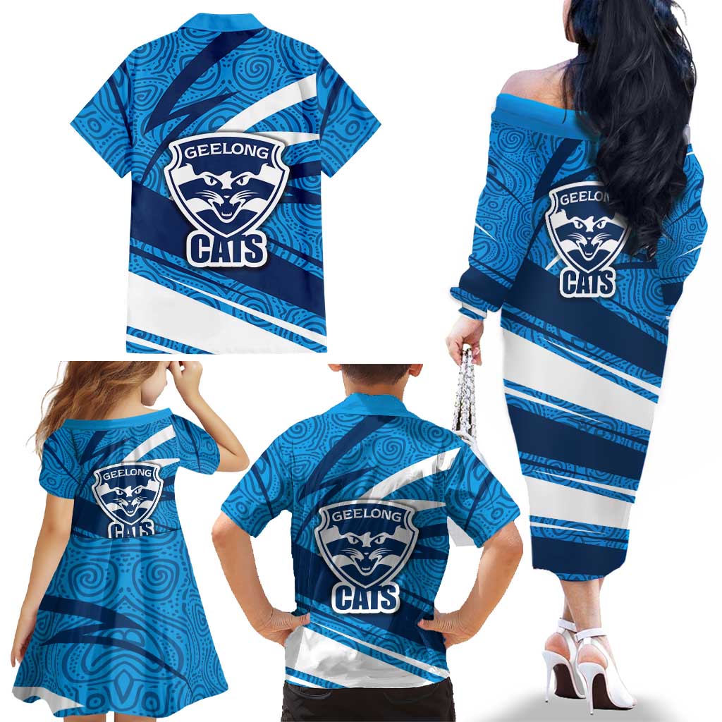 Geelong Cats Australian Football Family Matching Off The Shoulder Long Sleeve Dress and Hawaiian Shirt Fierce Cat Mascot With Indigenous Pattern Art