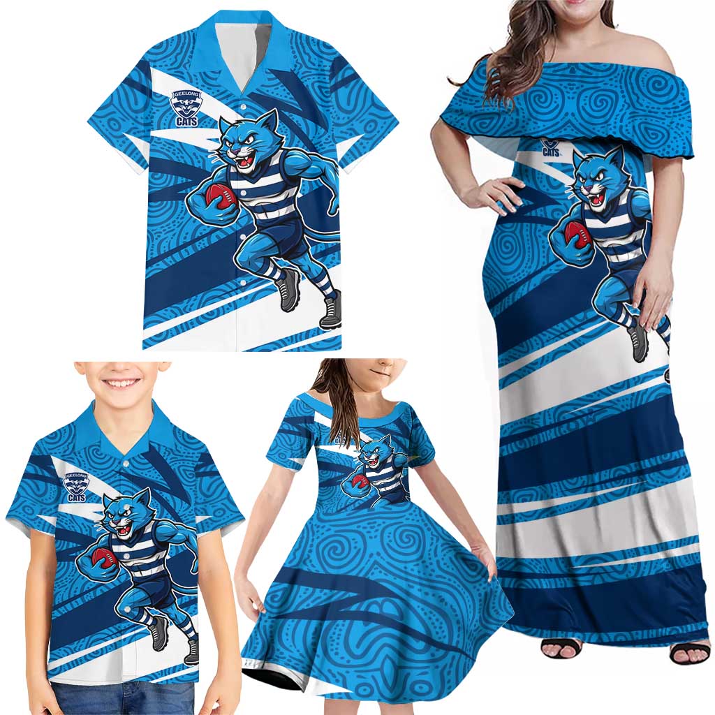 Geelong Cats Australian Football Family Matching Off Shoulder Maxi Dress and Hawaiian Shirt Fierce Cat Mascot With Indigenous Pattern Art