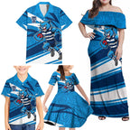 Geelong Cats Australian Football Family Matching Off Shoulder Maxi Dress and Hawaiian Shirt Fierce Cat Mascot With Indigenous Pattern Art