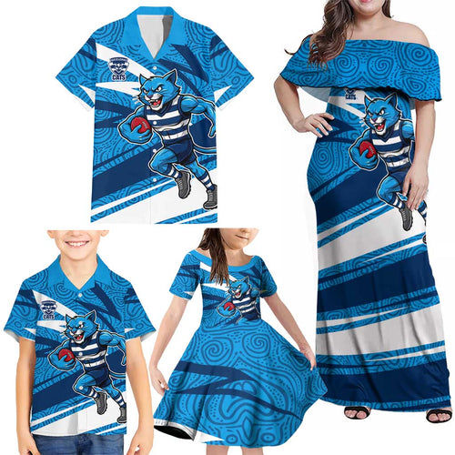 Geelong Cats Australian Football Family Matching Off Shoulder Maxi Dress and Hawaiian Shirt Fierce Cat Mascot With Indigenous Pattern Art