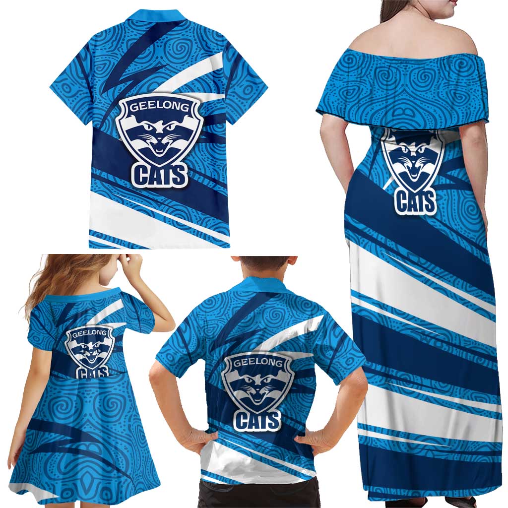 Geelong Cats Australian Football Family Matching Off Shoulder Maxi Dress and Hawaiian Shirt Fierce Cat Mascot With Indigenous Pattern Art