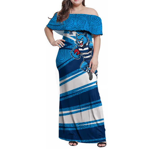 Geelong Cats Australian Football Family Matching Off Shoulder Maxi Dress and Hawaiian Shirt Fierce Cat Mascot With Indigenous Pattern Art