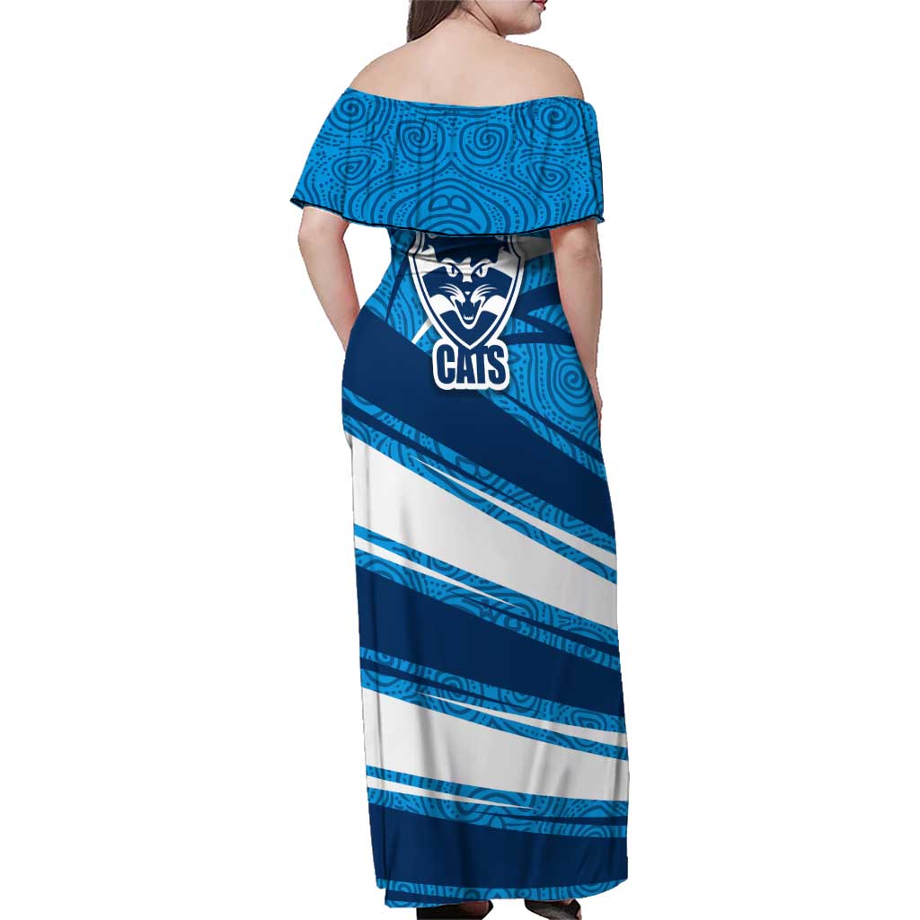 Geelong Cats Australian Football Family Matching Off Shoulder Maxi Dress and Hawaiian Shirt Fierce Cat Mascot With Indigenous Pattern Art