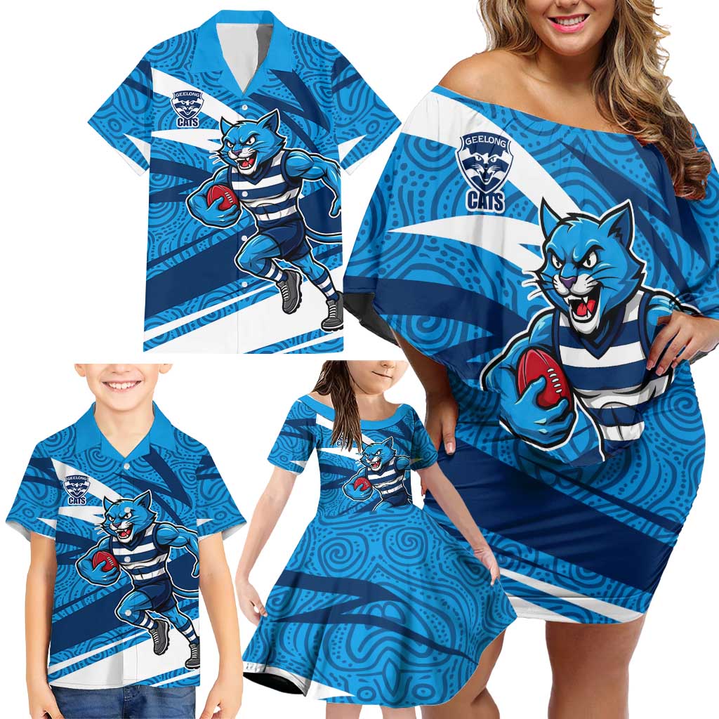 Geelong Cats Australian Football Family Matching Off Shoulder Short Dress and Hawaiian Shirt Fierce Cat Mascot With Indigenous Pattern Art