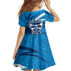 Geelong Cats Australian Football Family Matching Off Shoulder Short Dress and Hawaiian Shirt Fierce Cat Mascot With Indigenous Pattern Art