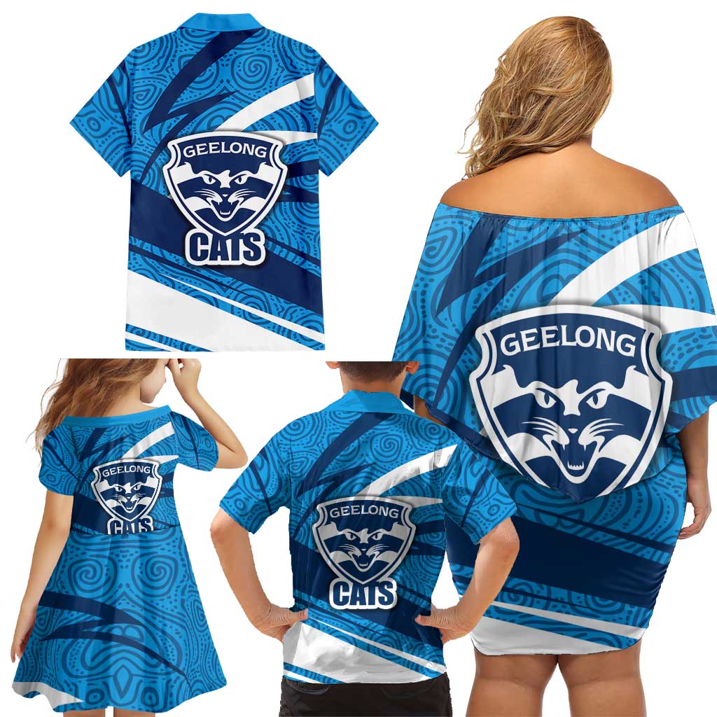Geelong Cats Australian Football Family Matching Off Shoulder Short Dress and Hawaiian Shirt Fierce Cat Mascot With Indigenous Pattern Art