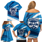 Geelong Cats Australian Football Family Matching Off Shoulder Short Dress and Hawaiian Shirt Fierce Cat Mascot With Indigenous Pattern Art