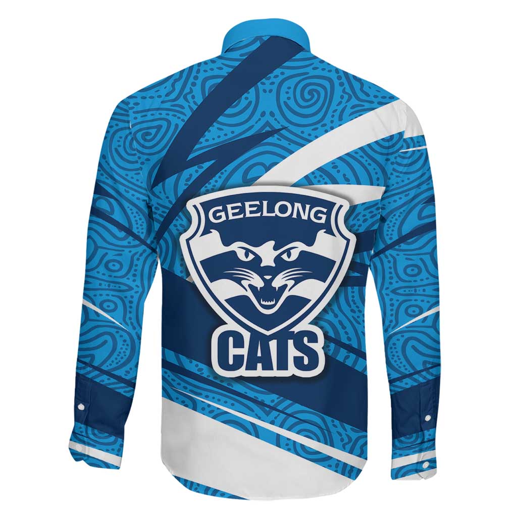 Geelong Cats Australian Football Family Matching Off Shoulder Short Dress and Hawaiian Shirt Fierce Cat Mascot With Indigenous Pattern Art