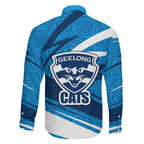 Geelong Cats Australian Football Family Matching Off Shoulder Short Dress and Hawaiian Shirt Fierce Cat Mascot With Indigenous Pattern Art