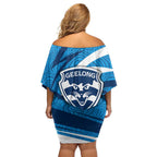 Geelong Cats Australian Football Family Matching Off Shoulder Short Dress and Hawaiian Shirt Fierce Cat Mascot With Indigenous Pattern Art