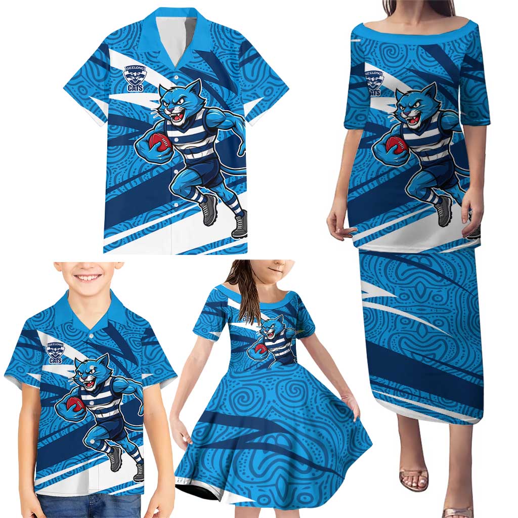 Geelong Cats Australian Football Family Matching Puletasi and Hawaiian Shirt Fierce Cat Mascot With Indigenous Pattern Art