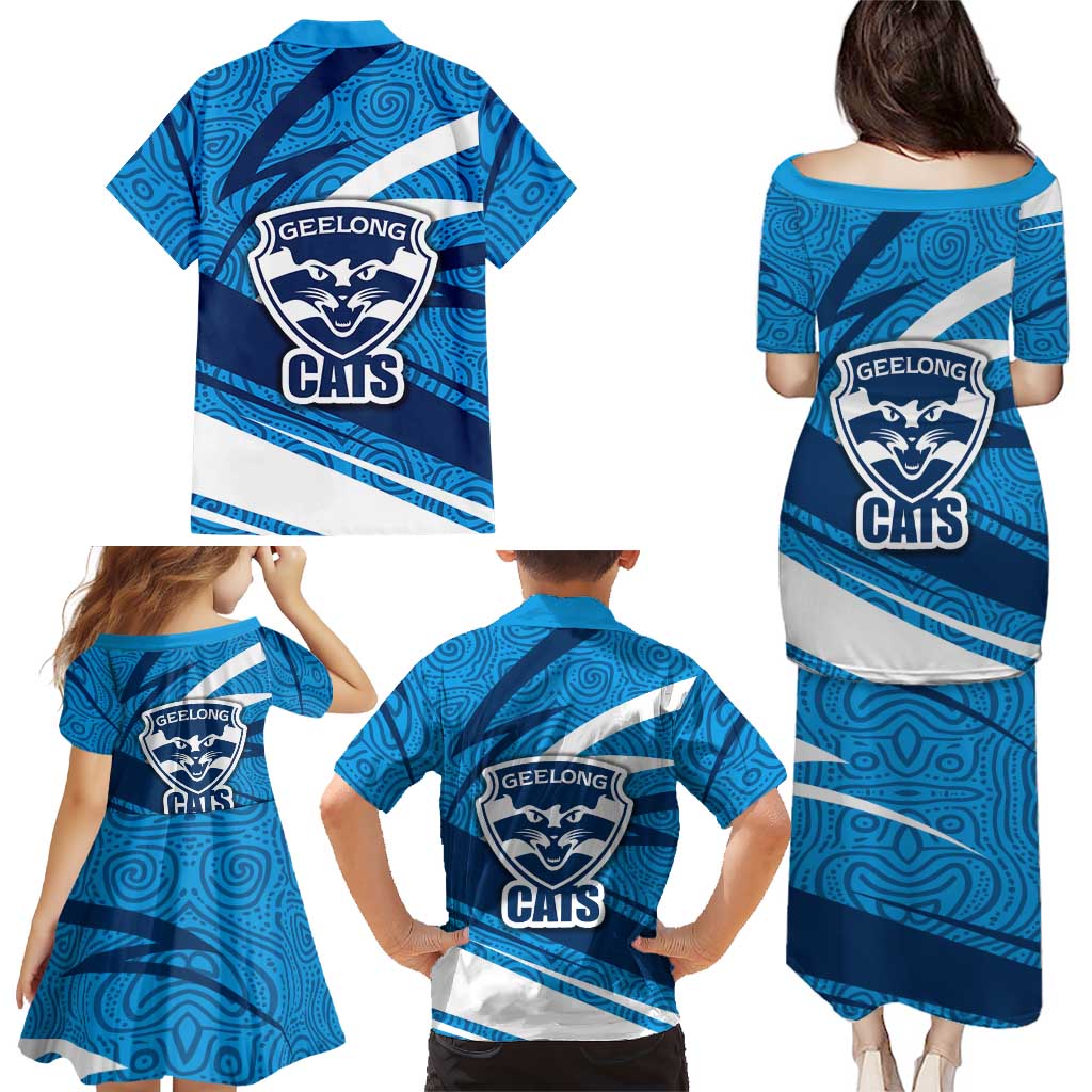 Geelong Cats Australian Football Family Matching Puletasi and Hawaiian Shirt Fierce Cat Mascot With Indigenous Pattern Art