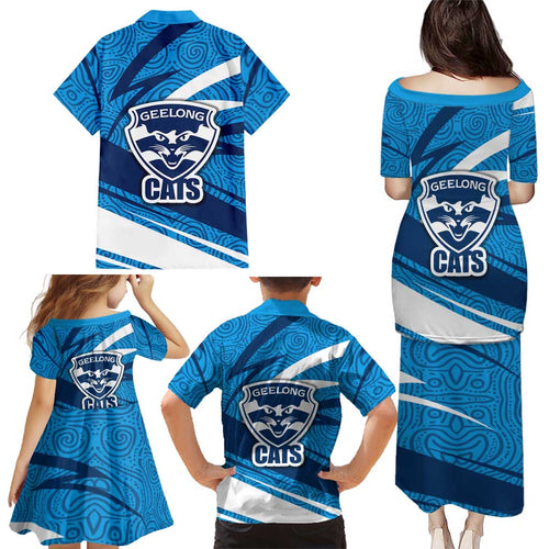 Geelong Cats Australian Football Family Matching Puletasi and Hawaiian Shirt Fierce Cat Mascot With Indigenous Pattern Art