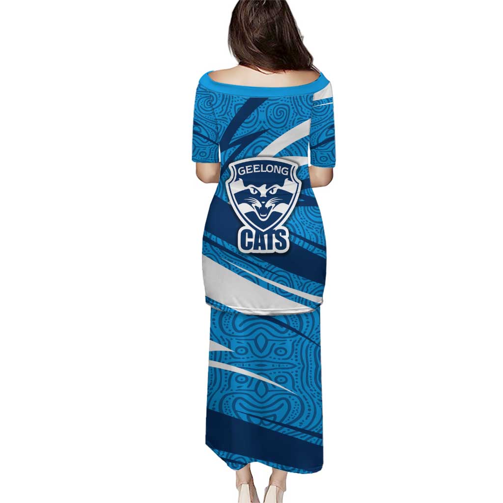 Geelong Cats Australian Football Family Matching Puletasi and Hawaiian Shirt Fierce Cat Mascot With Indigenous Pattern Art