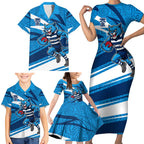 Geelong Cats Australian Football Family Matching Short Sleeve Bodycon Dress and Hawaiian Shirt Fierce Cat Mascot With Indigenous Pattern Art