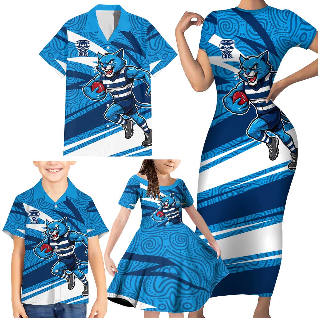 Geelong Cats Australian Football Family Matching Short Sleeve Bodycon Dress and Hawaiian Shirt Fierce Cat Mascot With Indigenous Pattern Art
