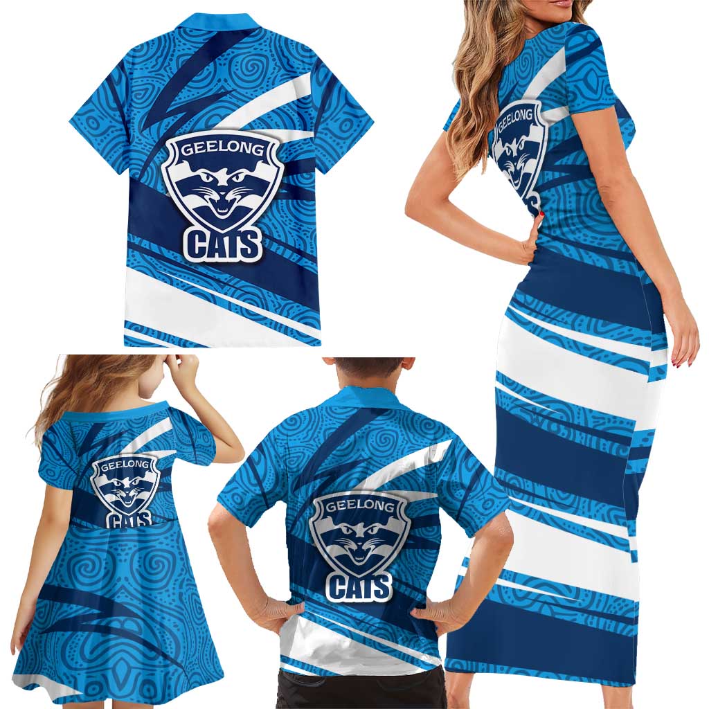 Geelong Cats Australian Football Family Matching Short Sleeve Bodycon Dress and Hawaiian Shirt Fierce Cat Mascot With Indigenous Pattern Art