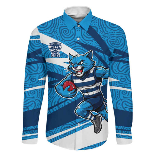 Geelong Cats Australian Football Family Matching Short Sleeve Bodycon Dress and Hawaiian Shirt Fierce Cat Mascot With Indigenous Pattern Art
