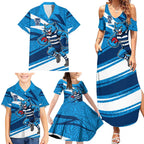 Geelong Cats Australian Football Family Matching Summer Maxi Dress and Hawaiian Shirt Fierce Cat Mascot With Indigenous Pattern Art