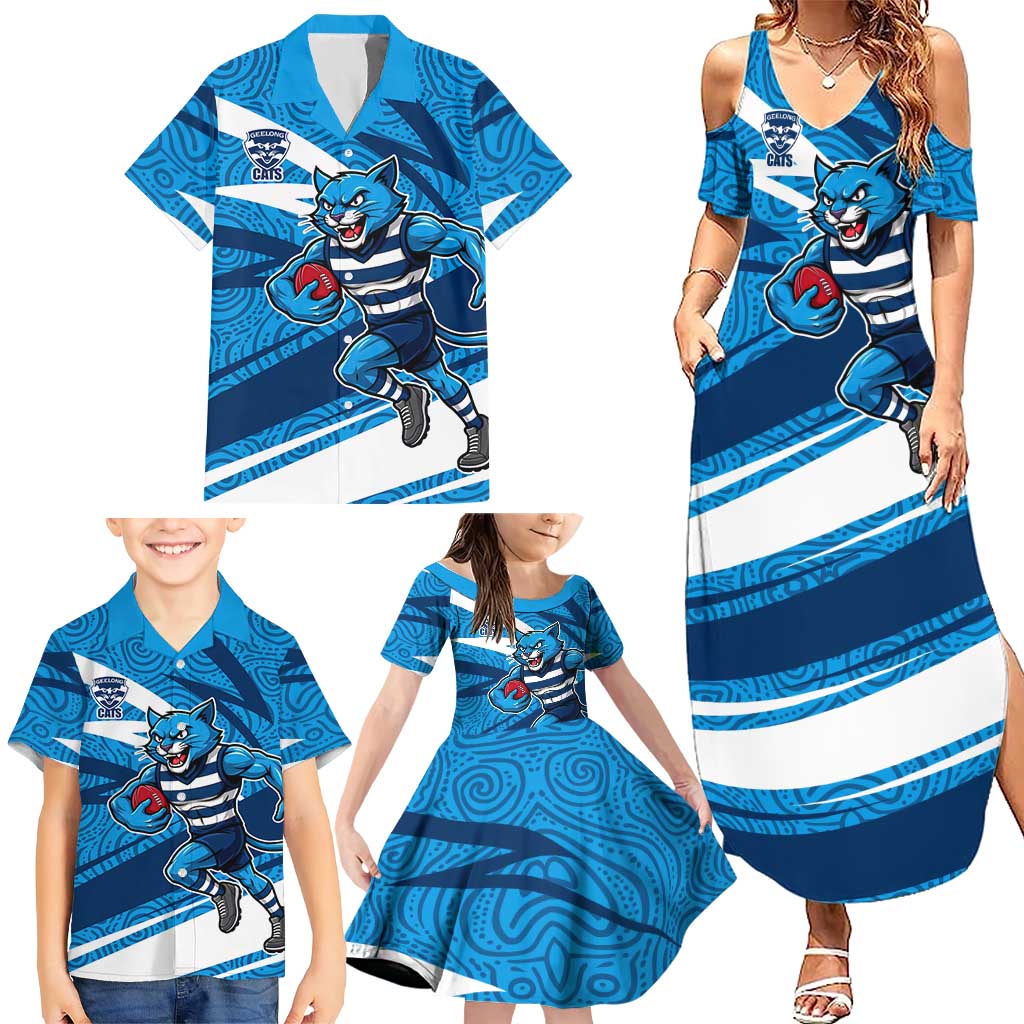 Geelong Cats Australian Football Family Matching Summer Maxi Dress and Hawaiian Shirt Fierce Cat Mascot With Indigenous Pattern Art