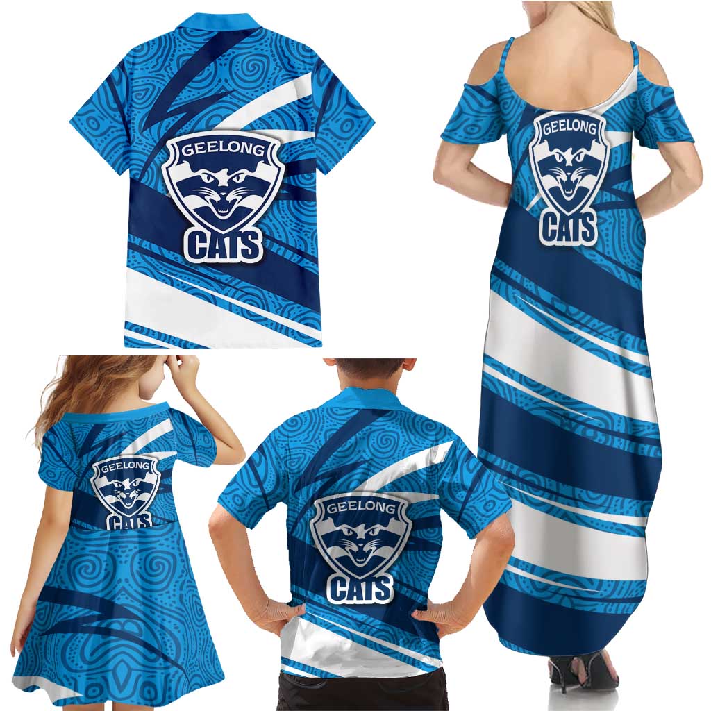 Geelong Cats Australian Football Family Matching Summer Maxi Dress and Hawaiian Shirt Fierce Cat Mascot With Indigenous Pattern Art