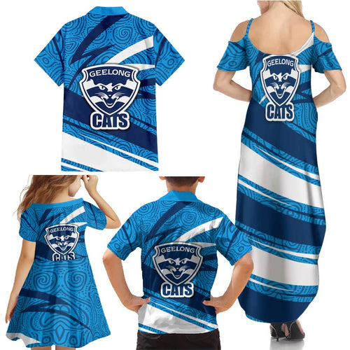 Geelong Cats Australian Football Family Matching Summer Maxi Dress and Hawaiian Shirt Fierce Cat Mascot With Indigenous Pattern Art