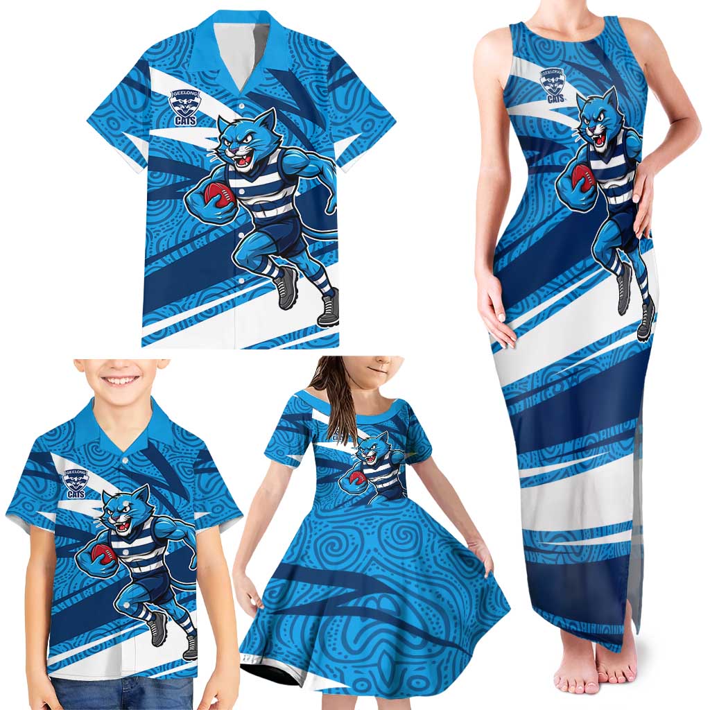 Geelong Cats Australian Football Family Matching Tank Maxi Dress and Hawaiian Shirt Fierce Cat Mascot With Indigenous Pattern Art
