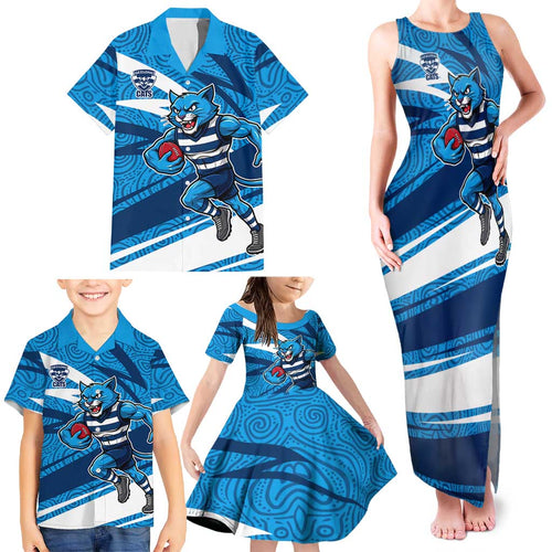 Geelong Cats Australian Football Family Matching Tank Maxi Dress and Hawaiian Shirt Fierce Cat Mascot With Indigenous Pattern Art