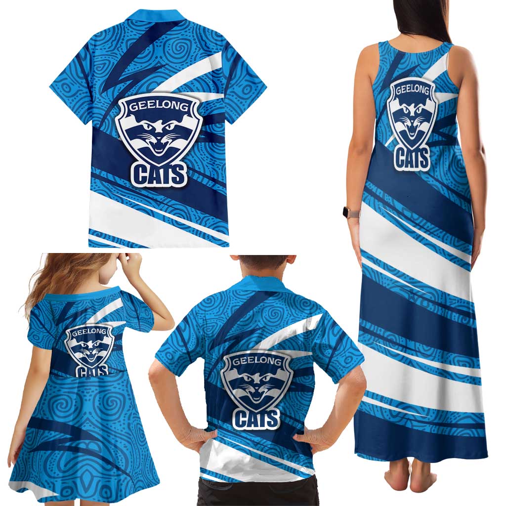 Geelong Cats Australian Football Family Matching Tank Maxi Dress and Hawaiian Shirt Fierce Cat Mascot With Indigenous Pattern Art