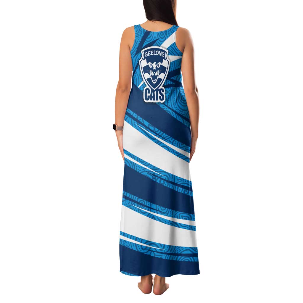 Geelong Cats Australian Football Family Matching Tank Maxi Dress and Hawaiian Shirt Fierce Cat Mascot With Indigenous Pattern Art