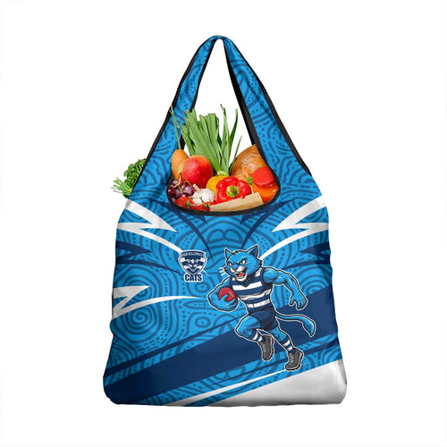 Geelong Cats Australian Football Grocery Bag Fierce Cat Mascot With Indigenous Pattern Art
