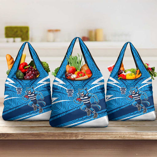 Geelong Cats Australian Football Grocery Bag Fierce Cat Mascot With Indigenous Pattern Art