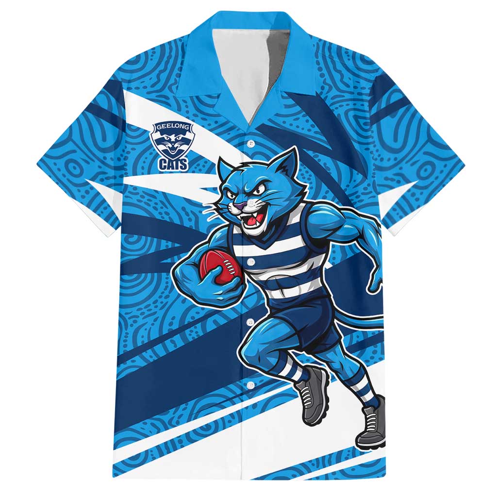 Geelong Cats Australian Football Hawaiian Shirt Fierce Cat Mascot With Indigenous Pattern Art