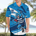 Geelong Cats Australian Football Hawaiian Shirt Fierce Cat Mascot With Indigenous Pattern Art