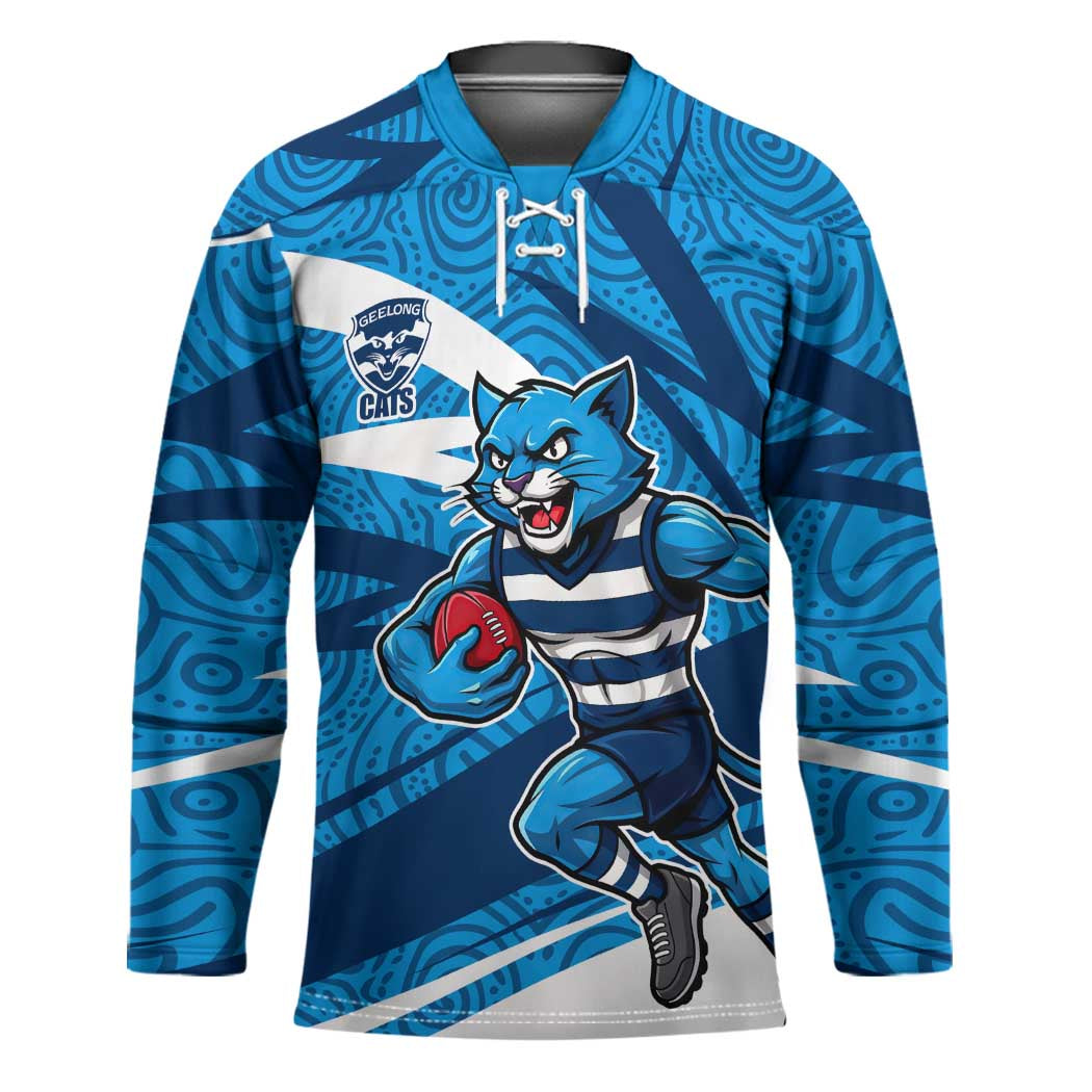 Geelong Cats Australian Football Hockey Jersey Fierce Cat Mascot With Indigenous Pattern Art