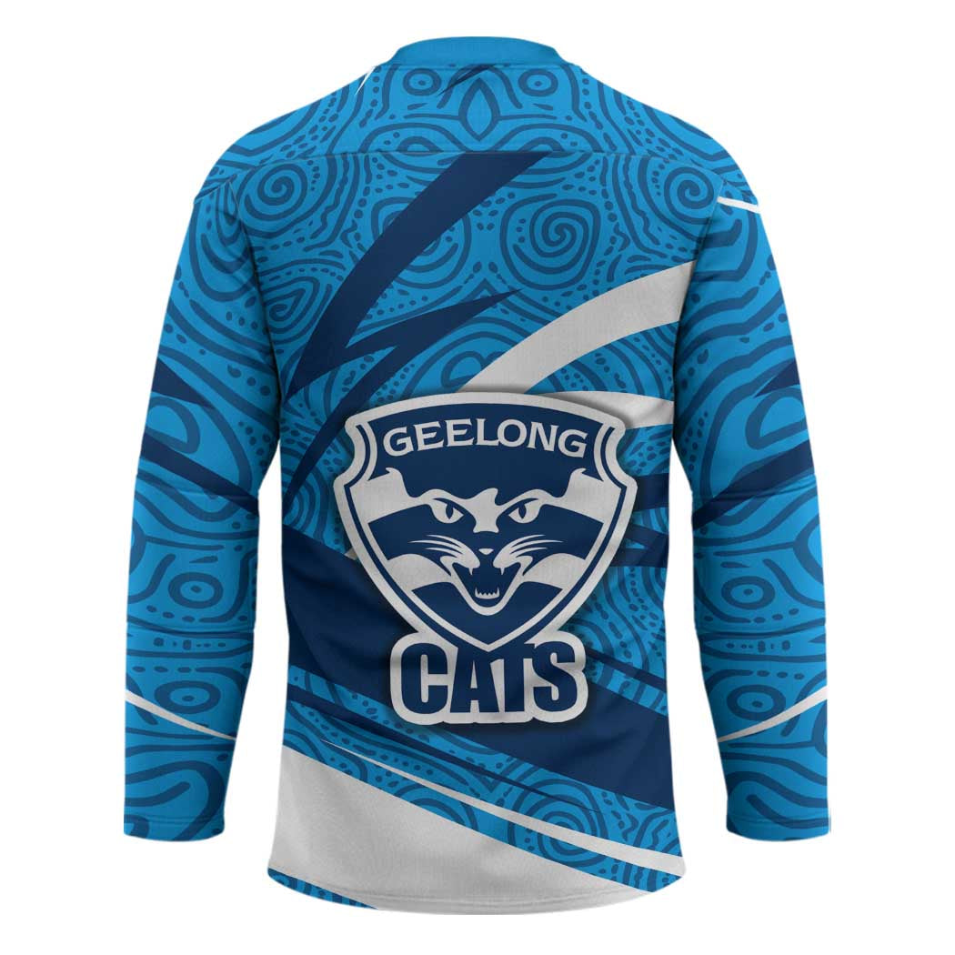 Geelong Cats Australian Football Hockey Jersey Fierce Cat Mascot With Indigenous Pattern Art