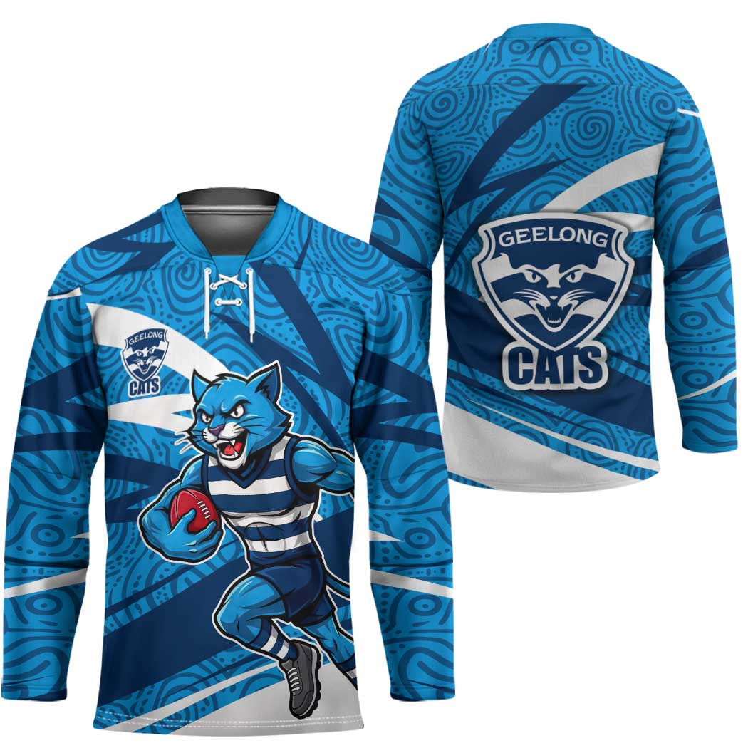 Geelong Cats Australian Football Hockey Jersey Fierce Cat Mascot With Indigenous Pattern Art