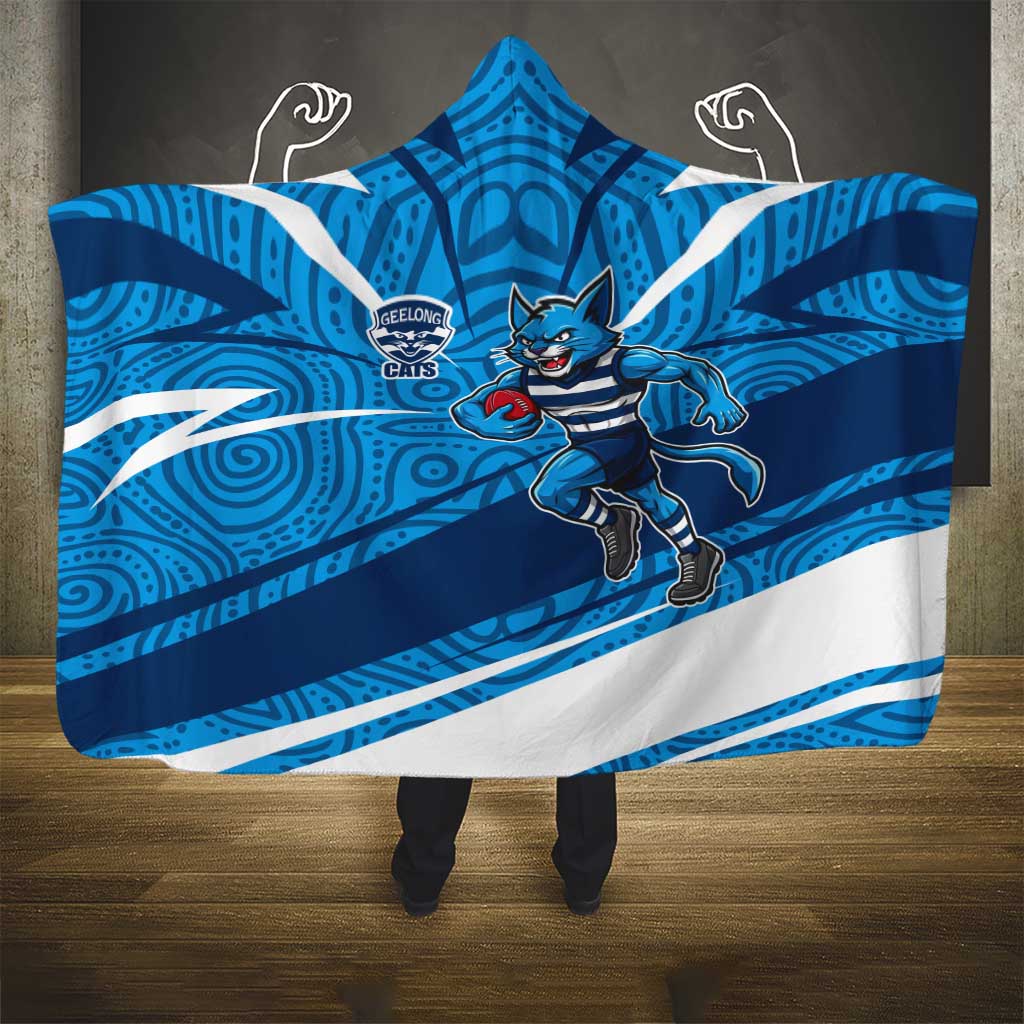 Geelong Cats Australian Football Hooded Blanket Fierce Cat Mascot With Indigenous Pattern Art