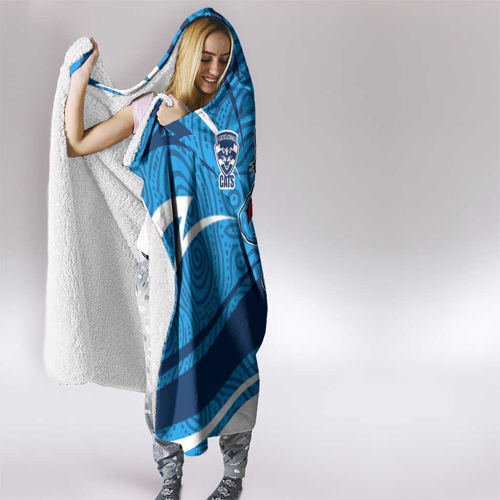 Geelong Cats Australian Football Hooded Blanket Fierce Cat Mascot With Indigenous Pattern Art