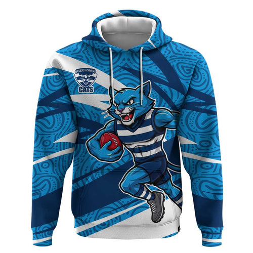 Geelong Cats Australian Football Hoodie Fierce Cat Mascot With Indigenous Pattern Art